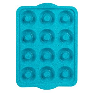 image shows Trudeau Silicone Tropical Granite 12-Count Donut Pan | Blue against a blank, white background
