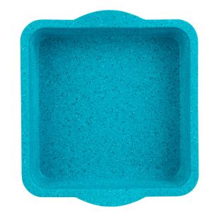  image shows Trudeau Silicone Tropical Granite 8" x 8" Square Cake Pan | Blue against a blank, white background