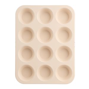 image shows Trudeau Resistall 12-Count Muffin Pan | Beige  against a blank, white background