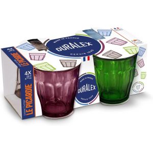 Duralex Le Picardie 4-Piece 8 3/8 oz. Plum/Marine/Green/Grey Drinking Glass Set Against a Plain White Background