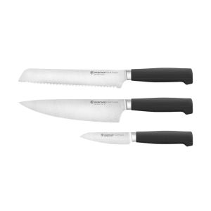 image shows Wusthof Partner 3-Piece Knife Set (8" chef, 3.5" paring, 8" bread)  against a blank, white background