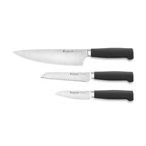  image shows Wusthof Partner 3-Piece Knife Set (8" chef, 3.5" paring, 5" serrated utility) against a blank, white background