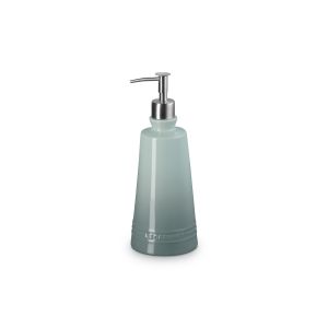 Le Creuset Signature Stoneware Soap Dispenser (Sea Salt) against a white background shot slightly from above 
