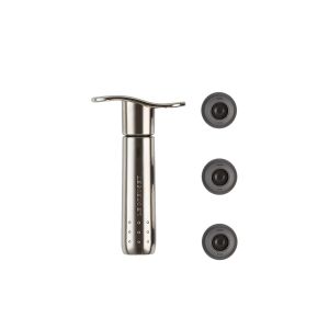 image shows Le Creuset Metal Wine Pump and 3 Stoppers | Shiny Nickel  against a blank, white background