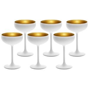 Stolzle 7.75oz Olympia Crystal Champagne Saucer Coupe Glasses - Set of 6 | White & Gold