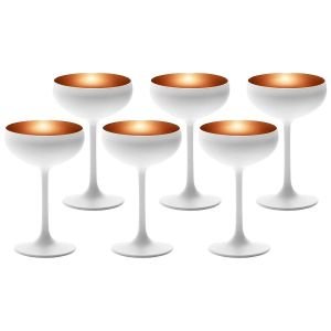 Stolzle 7.75oz Olympia Crystal Champagne Saucer Coupe Glasses - Set of 6 | White & Bronze