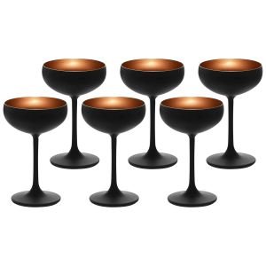 Stolzle 7.75oz Olympia Crystal Champagne Saucer Coupe Glasses - Set of 6 | Black & Bronze