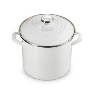 image shows Le Creuset 8 Qt. Enamel On Steel Stockpot with Stainless Steel Knob | White  against a blank, white background