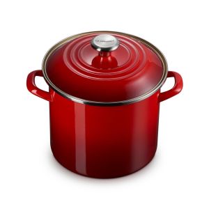  image shows Le Creuset 8 Qt. Enamel On Steel Stockpot with Stainless Steel Knob | Cerise against a blank, white background