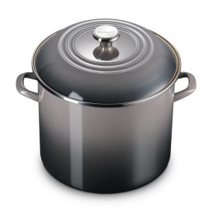  image shows Le Creuset 16 Qt. Enamel On Steel Stockpot with Stainless Steel Knob | Oyster against a blank, white background