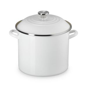 image shows Le Creuset Stockpot with Metal Finishes | White  against a blank, white background