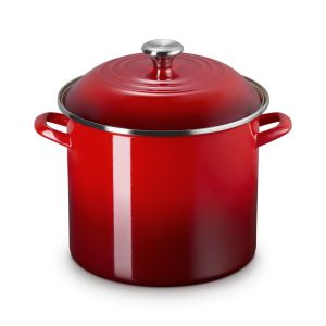  image shows Le Creuset Stockpot with Metal Finishes | Cerise against a blank, white background