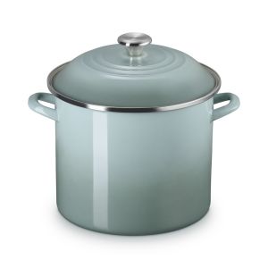  image shows Le Creuset Stockpot with Metal Finishes | Sea Salt against a blank, white background