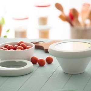 Food Hugger Bowl Lids (Set of 2) - Soft White shown in use (bowls not included)