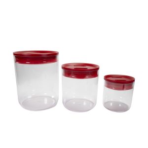 image shows Click Clack 3-Piece Small Round Pantry Canister Set | Red against a blank, white background