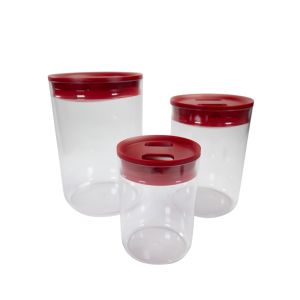 image shows Click Clack 3-Piece Large Round Pantry Canister Set | Red against a blank, white background