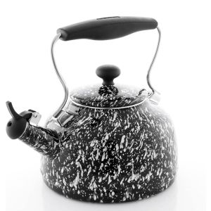 image shows Chantal 1.7Qt. Enamel-on-Steel Vintage Spatter Tea Kettle | White with Black Splatter against a blank, white background
