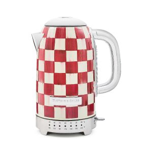 image shows MacKenzie-Childs Cherry Check 7-Cup Electric Kettle against a blank, white background