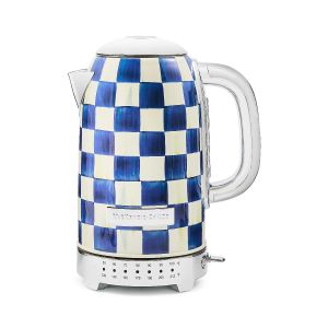 MacKenzie-Childs royal check electric kettle against a white background