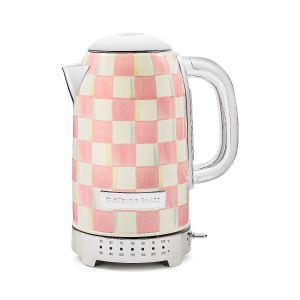 image shows MacKenzie-Childs Rosy Check 7-Cup Electric Kettle against a blank, white background