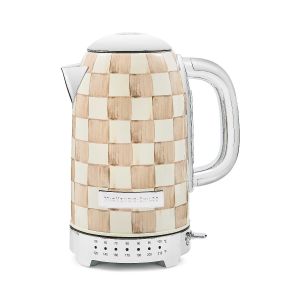 MacKenzie-Childs mocha check electric kettle against a white background