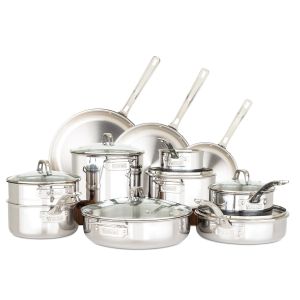 image shows Viking 3-Ply Stainless Steel Cookware Set with Glass Lids | 17-Piece against a blank, white background