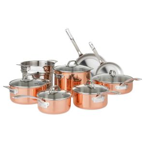 Viking 3-Ply Copper Clad Cookware Set Against a Plain White Background