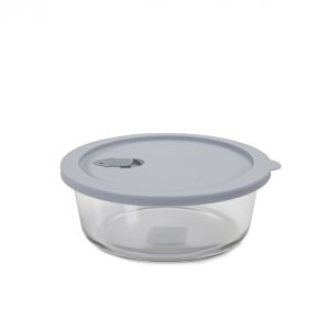 image shows Click Clack 1 Quart Cook+ Round Heatproof Glass Container | Grey against a blank, white background