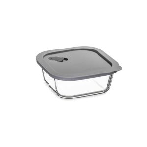 image shows Click Clack 0.8 Quart Cook+ Square Heatproof Glass Container | Grey against a blank, white background