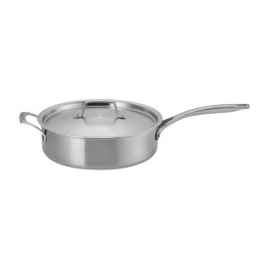   image shows Le Creuset Essential Stainless Steel 4.5 Qt. Saute Pan with Lid against a blank, white background