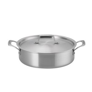  image shows Le Creuset Essential Stainless Steel 4 Qt. Rondeau Pan with Lid against a blank, white background