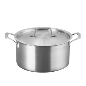 image shows Le Creuset Essential Stainless Steel 6.25 Qt. Deep Round Stockpot with Lid  against a blank, white background