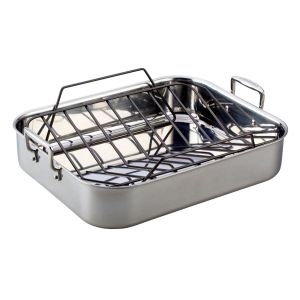 image shows Le Creuset Stainless Steel Classic 17" Rectangular Roaster & Rack against a blank, white background