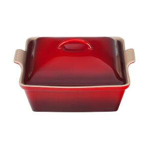 image shows Le Creuset 2.5 Qt. Square Heritage Covered Casserole | Cerise  against a blank, white background