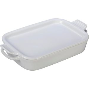 image shows Le Creuset 2.75 Qt. Rectangular Heritage Baking Dish with Platter Lid | White against a blank, white background