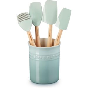 image shows Le Creuset 5-Piece Craft Series Utensil Set with Crock | Sea Salt  against a blank, white background