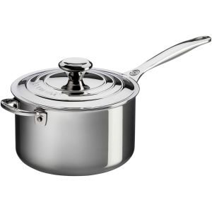 image shows Le Creuset Signature Stainless Steel 4-Quart Saucepan with Lid & Helper Handle  against a blank, white background