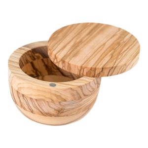 image shows Lipper International Olive Wood Salt Box against a blank, white background