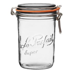  image shows Le Parfait 1L Tapered French Glass Preserving Jar with Airtight Rubber Seal against a blank, white background