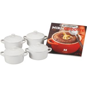 image shows Le Creuset Mini Cocottes & Cookbook (Set of 4) | White against a blank, white background