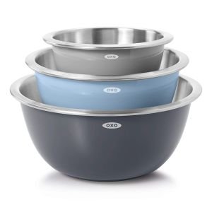 OXO 3-Piece Stainless Steel Mixing Bowl Set | Grey & Blue