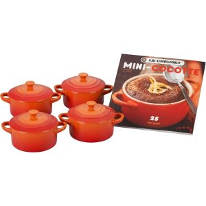 image shows Le Creuset Mini Cocottes & Cookbook (Set of 4) | Flame against a blank, white background
