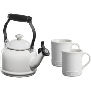 image shows Le Creuset 1.25 Qt. Demi Kettle Tea Pot & Mugs Set | White  against a blank, white background
