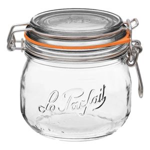  image shows Le Parfait 500ml Rounded French Glass Storage Jar with Airtight Rubber Sea against a blank, white background
