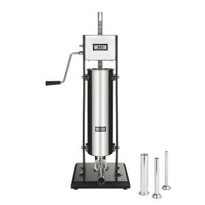   image shows Weston 15 lb Dual Speed Vertical Sausage Stuffer against a blank, white background