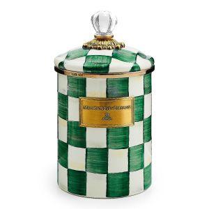 image shows MacKenzie-Childs Emerald Check 1.5 Qt. Medium Canister against a blank, white background