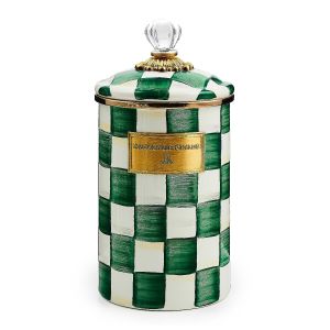 image shows MacKenzie-Childs Emerald Check 2 Qt. Large Canister against a blank, white background