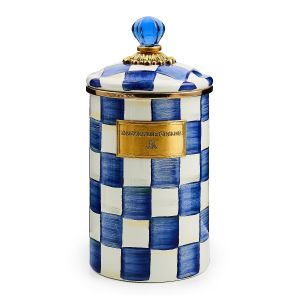 image shows MacKenzie-Childs Royal Check 2 Qt. Large Canister against a blank, white background