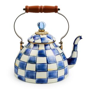  image shows MacKenzie-Childs Emerald Check 3 Qt. Tea Kettle against a blank, white background