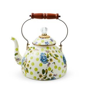 image showsct MacKenzie-Childs Wildflowers Green 3 Quart Tea Kettle against a blank, white background
